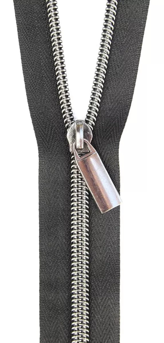 Zipper – Black #5 Nylon Gunmetal Coil Zippers: 3 Yards with 9 Pulls