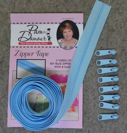 Zipper Tape Reversible Coil 3 yds w/ 8 Slides Sky Blue